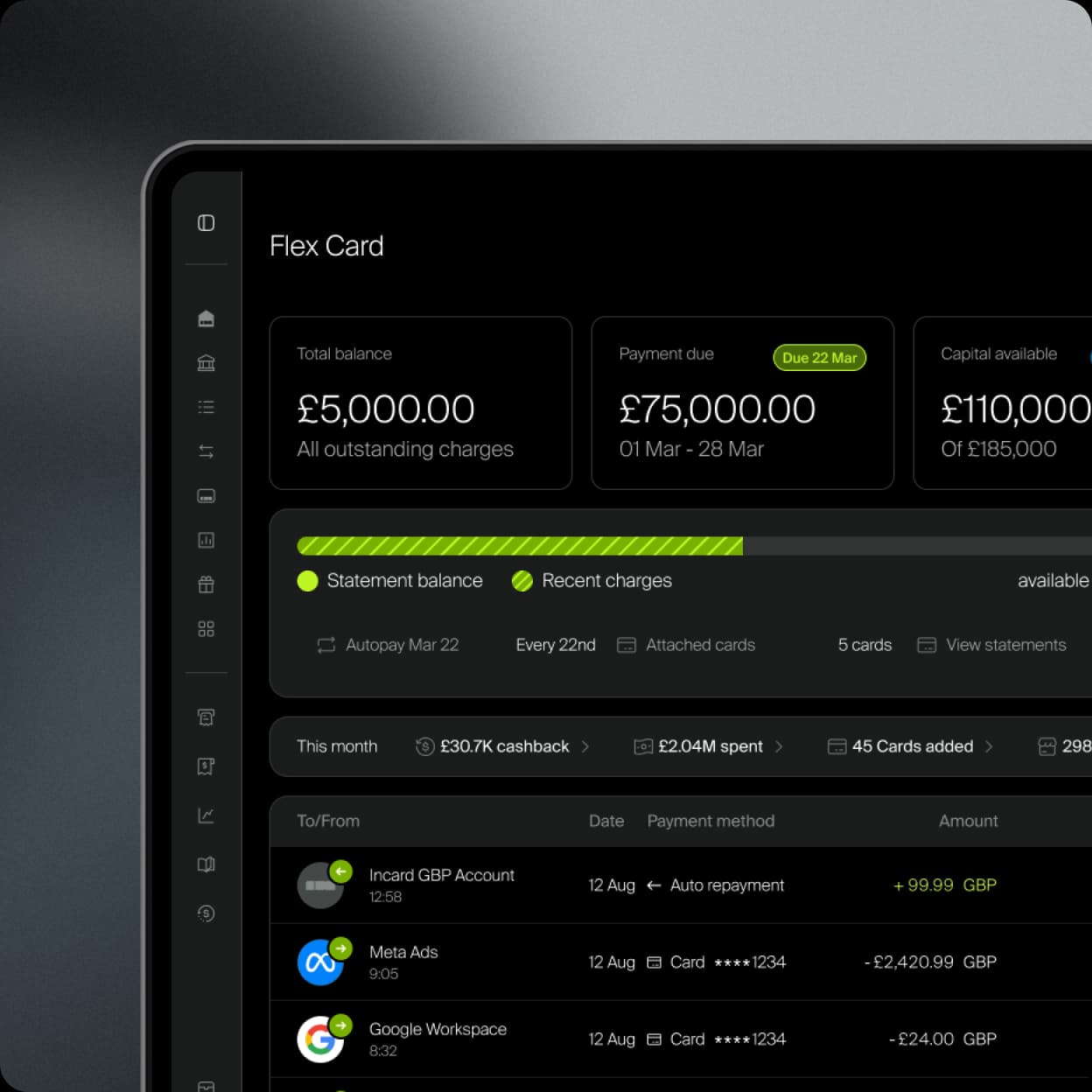 Flex Card dashboard showing balance, payment due and capital available